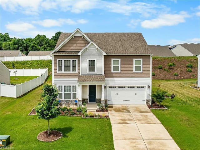 craftsman house featuring a garage, driveway, stone siding, a shingled roof, and a porch