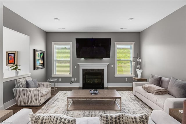 living room featuring baseboards, a fireplace with flush hearth, and wood finished floors