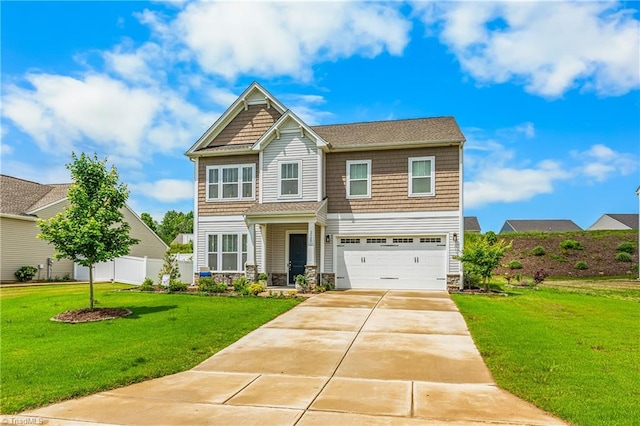 craftsman house featuring an attached garage, stone siding, and concrete driveway