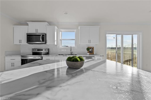 kitchen with ornamental molding, a sink, backsplash, appliances with stainless steel finishes, and a healthy amount of sunlight