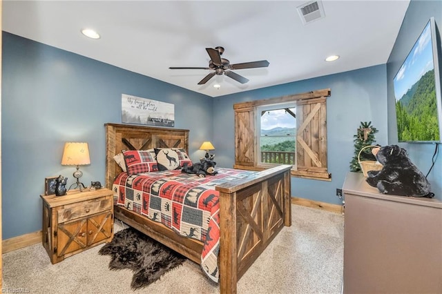 883 Wagon Ridge Ln, Ferguson, NC 28624 - bedroom with baseboards, light carpet, recessed lighting, and ceiling fan
