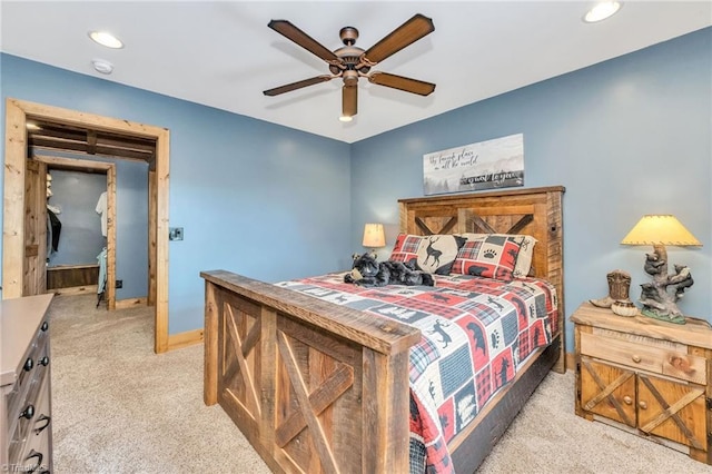 883 Wagon Ridge Ln, Ferguson, NC 28624 - bedroom featuring light colored carpet, baseboards, recessed lighting, and ceiling fan