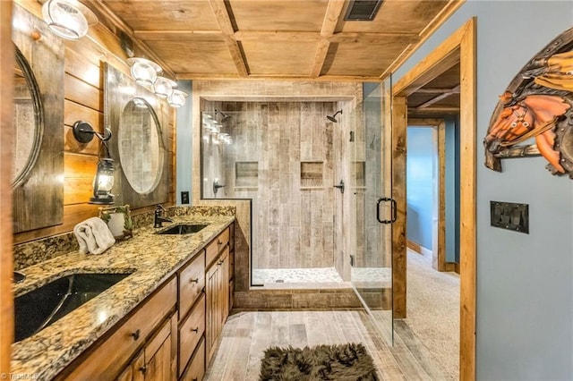 883 Wagon Ridge Ln, Ferguson, NC 28624 - full bath with wooden ceiling, a stall shower, double vanity, and wood finished floors