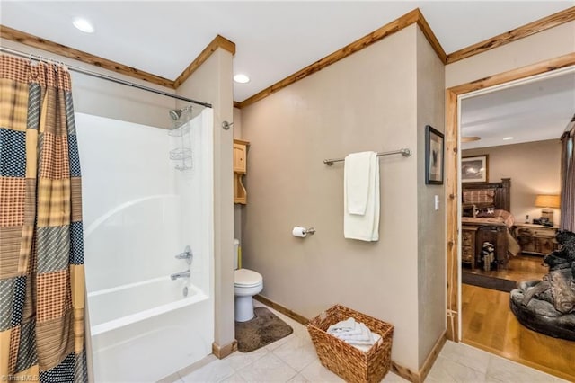 883 Wagon Ridge Ln, Ferguson, NC 28624 - bathroom with tile patterned flooring, toilet, baseboards, shower / bath combination with curtain, and ornamental molding