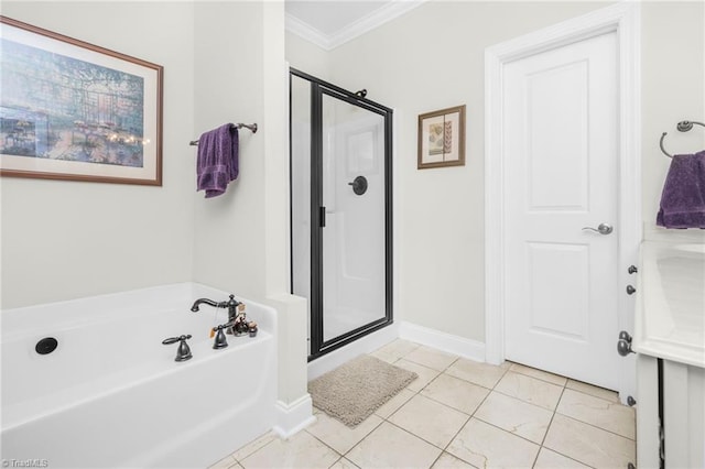 bathroom with tile patterned flooring, crown molding, and independent shower and bath