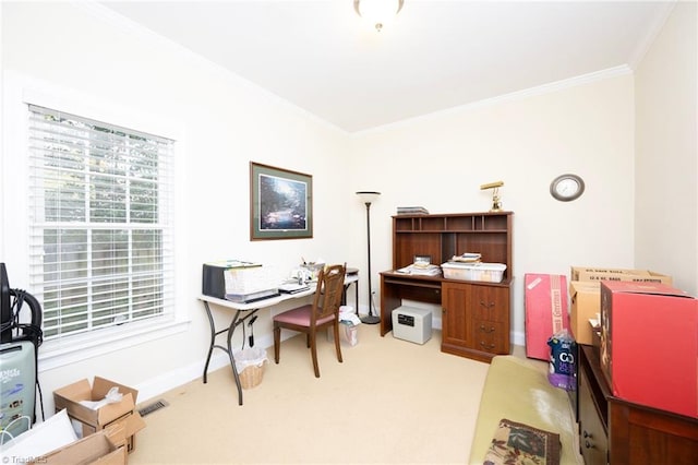 office space with light colored carpet and ornamental molding