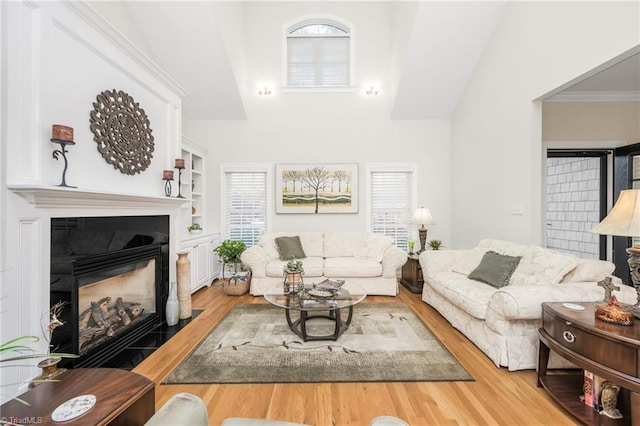 living room with lofted ceiling, light wood-type flooring, and ornamental molding