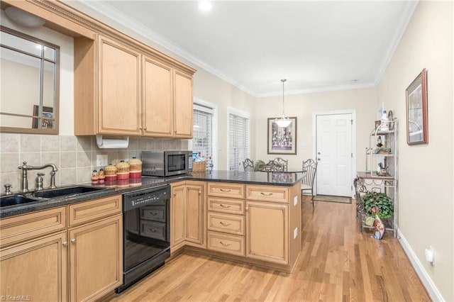 kitchen featuring dishwasher, sink, light hardwood / wood-style flooring, kitchen peninsula, and crown molding