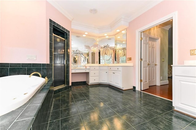 bathroom featuring ornamental molding, vanity, plus walk in shower, and tile patterned flooring