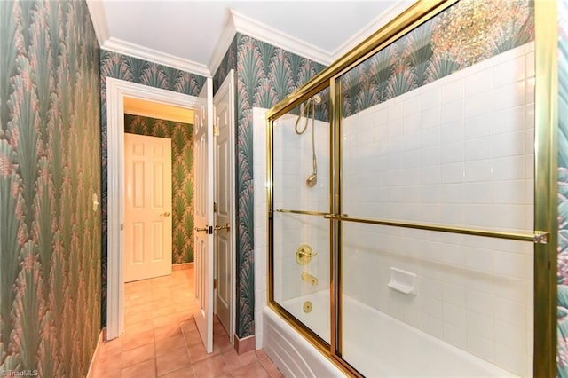 bathroom featuring bath / shower combo with glass door, ornamental molding, and tile patterned floors