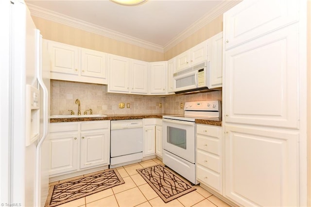 kitchen featuring sink, light tile patterned floors, ornamental molding, white appliances, and white cabinets