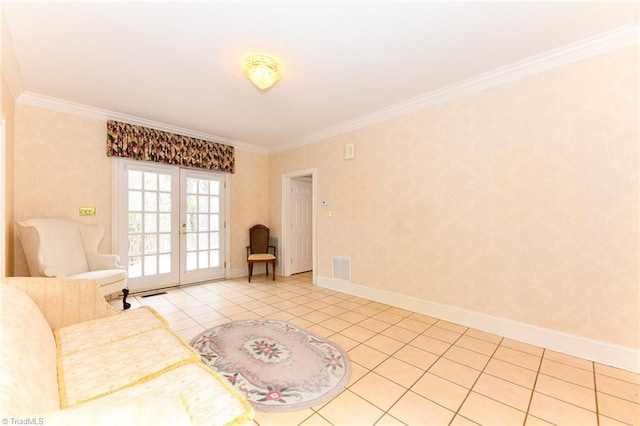 unfurnished living room with crown molding, light tile patterned floors, and french doors