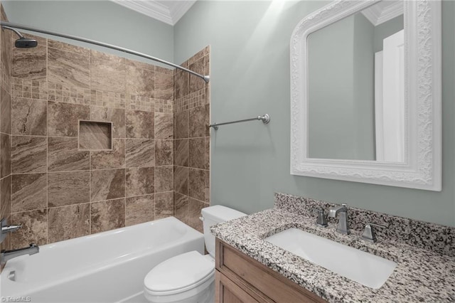 full bathroom with toilet, vanity, ornamental molding, and shower / bathtub combination