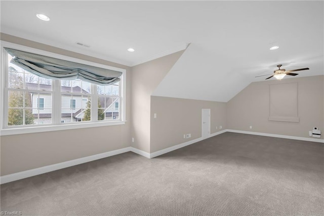 bonus room with carpet floors, recessed lighting, vaulted ceiling, ceiling fan, and baseboards