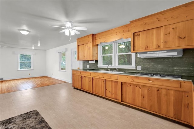 kitchen featuring light hardwood / wood-style floors, backsplash, white gas stovetop, ceiling fan, and sink