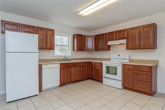 kitchen featuring brown cabinets, under cabinet range hood, a sink, white appliances, and light countertops