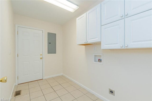 washroom with hookup for a washing machine, visible vents, electric panel, cabinet space, and electric dryer hookup