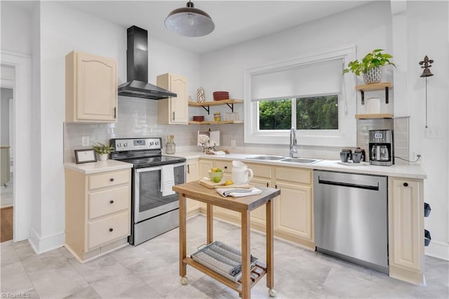 1501 Wiltshire St, High Point, NC 27265 - kitchen featuring open shelves, stainless steel appliances, wall chimney range hood, and a sink
