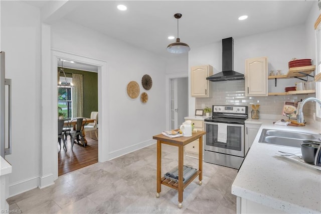 1501 Wiltshire St, High Point, NC 27265 - kitchen featuring stainless steel electric stove, wall chimney range hood, a sink, light countertops, and open shelves