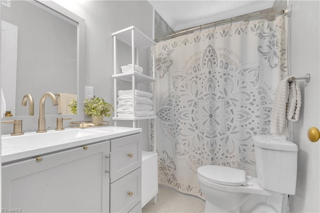 1501 Wiltshire St, High Point, NC 27265 - full bath featuring toilet, vanity, curtained shower, and tile patterned flooring