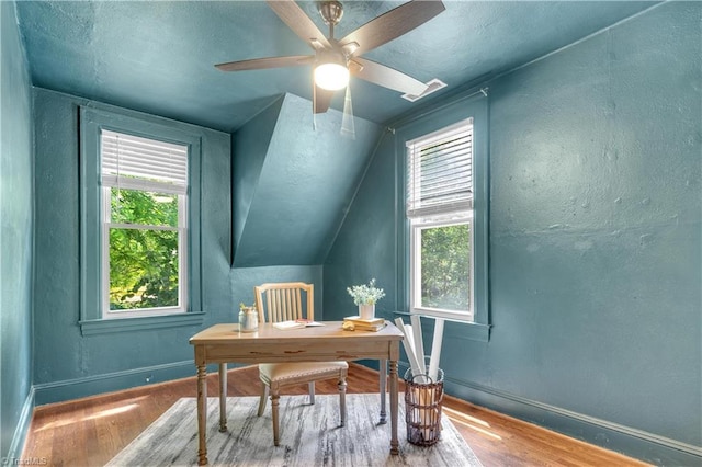 1501 Wiltshire St, High Point, NC 27265 - office space with wood finished floors, baseboards, a ceiling fan, and lofted ceiling