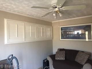 living room featuring ceiling fan and crown molding