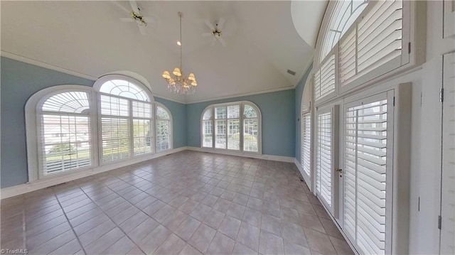 interior space featuring a chandelier, high vaulted ceiling, baseboards, and tile patterned flooring