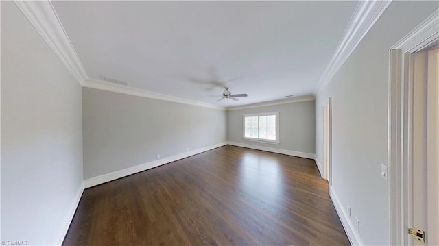 unfurnished room featuring crown molding, ceiling fan, baseboards, and dark wood finished floors