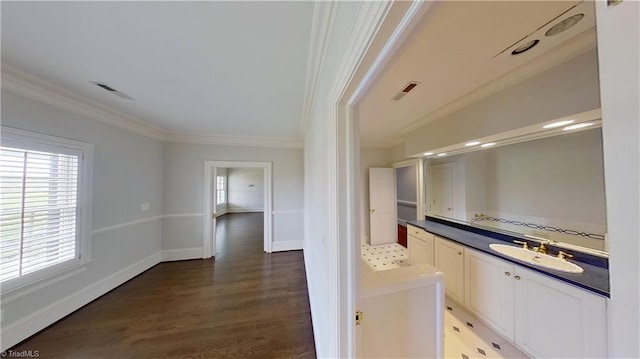 interior space with plenty of natural light, visible vents, a sink, and crown molding