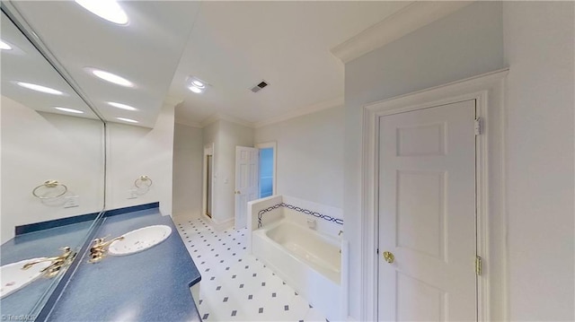bathroom with visible vents, crown molding, recessed lighting, vanity, and a garden tub