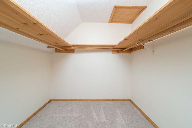 spacious closet with carpet floors and lofted ceiling
