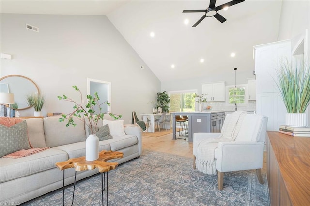 115 Corbin Ln, Lexington, NC 27295 - living area featuring high vaulted ceiling, a ceiling fan, recessed lighting, and light wood-style flooring