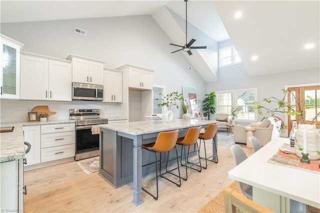 115 Corbin Ln, Lexington, NC 27295 - kitchen with appliances with stainless steel finishes, high vaulted ceiling, white cabinets, ceiling fan, and a kitchen breakfast bar