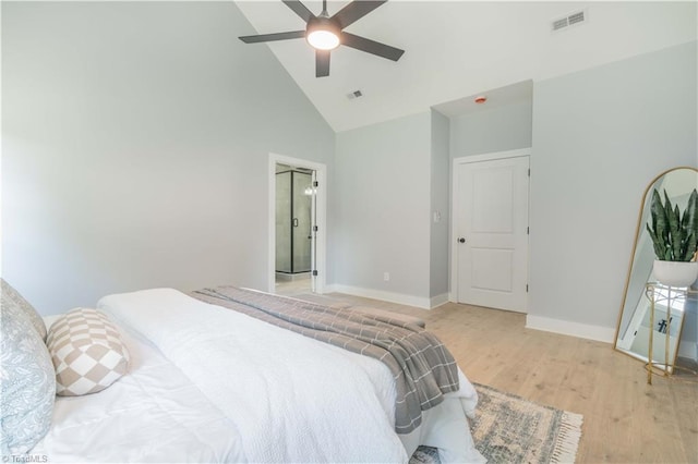 115 Corbin Ln, Lexington, NC 27295 - bedroom with high vaulted ceiling, light wood finished floors, and a ceiling fan