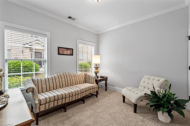 3615 Sainsbury Ln, Greensboro, NC 27409 - living room featuring carpet, ornamental molding, and baseboards