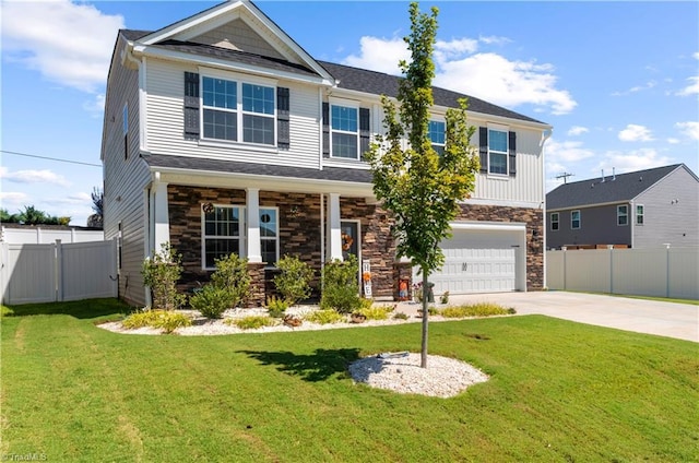 view of front facade with a garage, fence, stone siding, and concrete driveway