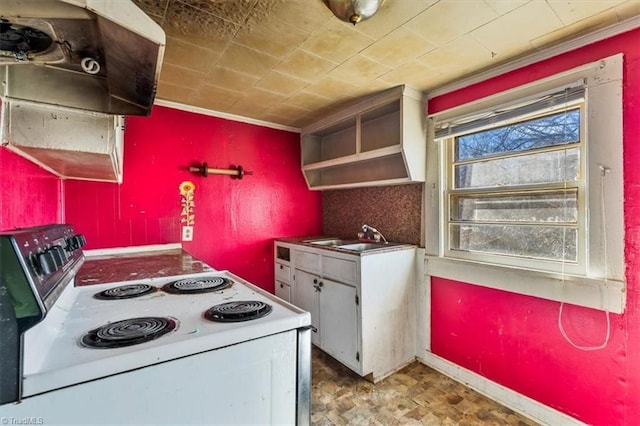 kitchen featuring white electric range, a sink, baseboards, and open shelves