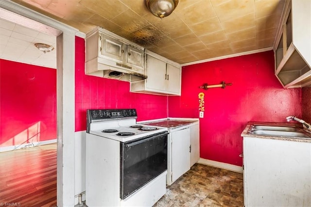 kitchen with under cabinet range hood, white electric stove, baseboards, and a sink