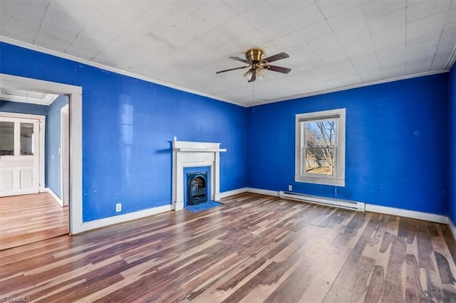 unfurnished living room with a ceiling fan, a baseboard radiator, a fireplace with flush hearth, ornamental molding, and wood finished floors