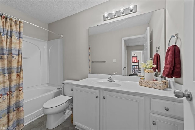 bathroom featuring a textured ceiling, toilet, shower / tub combo with curtain, and vanity