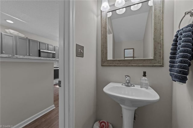 bathroom with wood finished floors, baseboards, and a textured ceiling