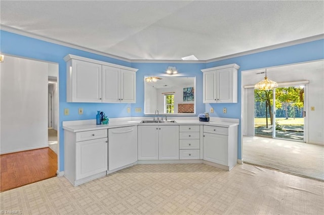 kitchen featuring white dishwasher, a healthy amount of sunlight, sink, and white cabinetry