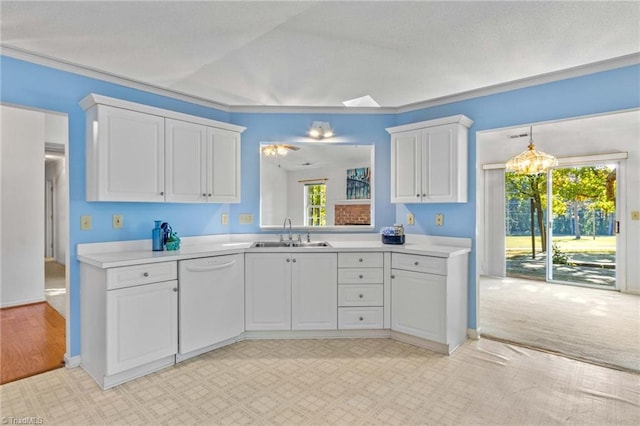 kitchen with white dishwasher, a wealth of natural light, white cabinetry, and sink