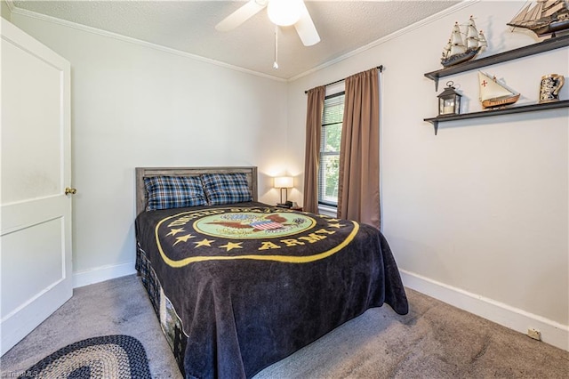 1602 Larkin St, High Point, NC 27262 - carpeted bedroom with ornamental molding, baseboards, ceiling fan, and a textured ceiling