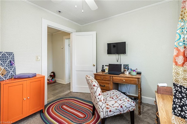 1602 Larkin St, High Point, NC 27262 - carpeted home office featuring ornamental molding, baseboards, and a ceiling fan