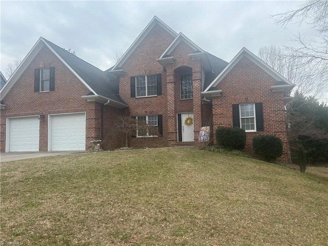 traditional-style house with concrete driveway, brick siding, and a front lawn