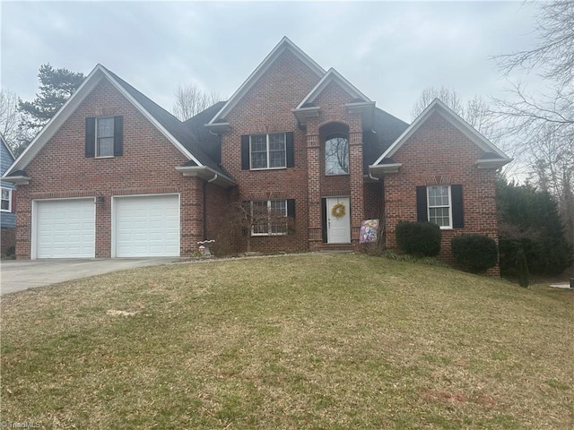 traditional-style home featuring a garage, concrete driveway, brick siding, and a front lawn