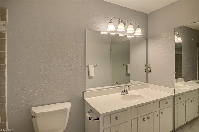 bathroom featuring toilet, vanity, and a textured wall