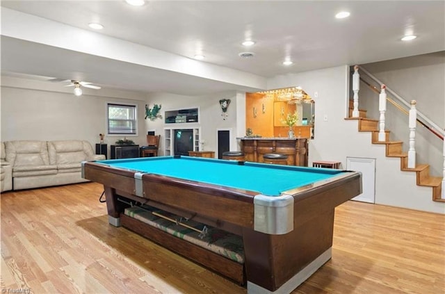 playroom featuring pool table, recessed lighting, and wood finished floors