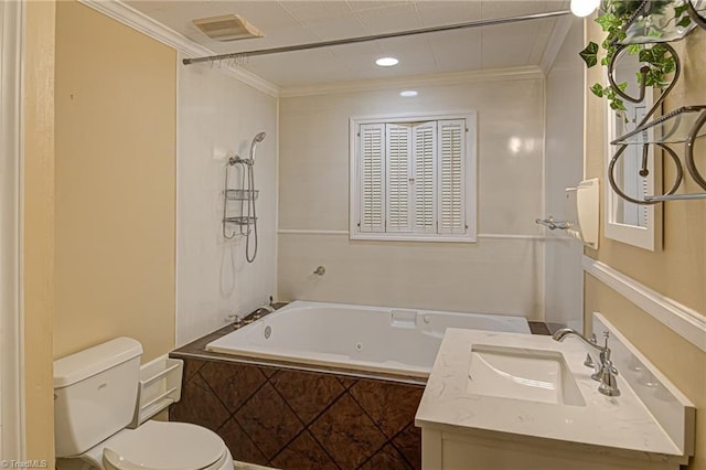 full bathroom with visible vents, toilet, vanity, and ornamental molding